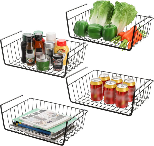 Tebery 4 Pack Black Under Shelf Wire Basket, Hanging Storage Baskets for Kitchen Pantry & Desk
