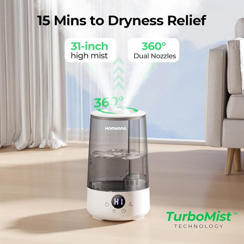 Homvana Humidifiers for Bedroom - 3.6 L Cool Mist Top-Fill, 34H Super Long Time, Quiet 16dB, Baby Humidifier, Oil