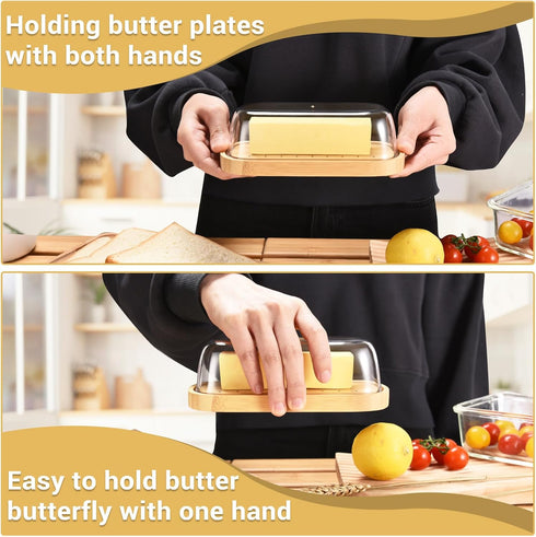 Bamboo Butter Dish with Lid, Dishwasher Safe Butter Holder for East/West Coast Butter Storage