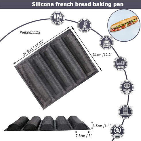 masteymoh 5-Cavity French Bread Baking Pan, Hoagie Rolls Pan, Soft Foldable for Easy Storage, Non-Stick, BPA-Free, 17.2" x 12.2" x 1.4"