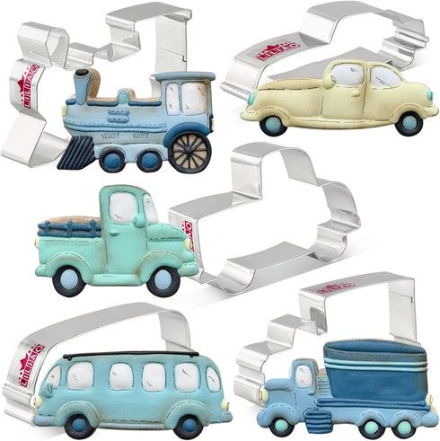 LILIAO Transportation Cookie Cutter Set - 5 Piece Stainless Steel Train, Truck, Pick-up Truck, Car, and Bus Fondant