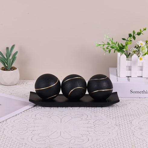 Set, LCCCK Decorative Tray with Balls Black Gold Decor Orbs TV Stand, Coffee Table Centerpiece, Elegant Orbs Decorative