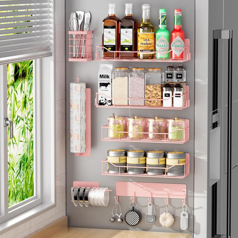 IYEBAU Magnetic Spice Rack for Refrigerator,8 Pack Magnetic Fridge Shelf, Moveable Spice Organizer