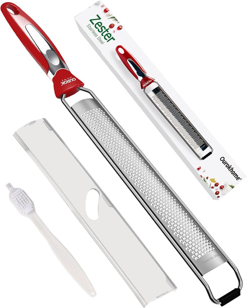 Ourokhome Kitchen Lemon Zester, Hand Held Stainless Steel Parmesan Cheese Grater for Ginger, Chocolate, Citrus, Red