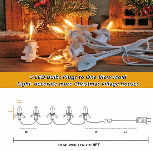 5 C7 Bulbs 5 Bulb Base String Christmas Village Light Accessory Cord with LED Light Universal Clip White Cord