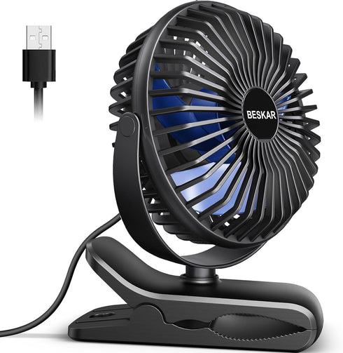 BESKAR USB Clip on Fan, Portable Small Fan with Cord, 3 Speeds Strong Airflow, Sturdy Clamp for Desk