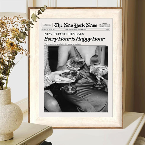 12x16in ASTRDECOR Framed Trendy NewsPaper Wall Art - Every Hour is Happy Hour, Retro News Prints Posters, New York
