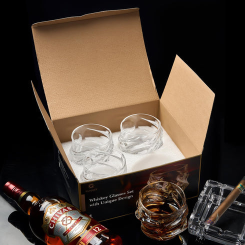 12 oz Hand Blown Crystal Whiskey Glasses Set of 4, Unique Cognac Glass, Heavy Thick Bottom Bar Glass for Gifts