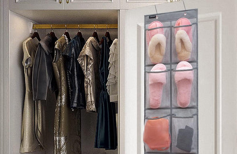 2 Pack Closet 6 Minimalist Black Over The Door Hanging Shoe Holder Organizer with Pockets (Mesh Pockets)