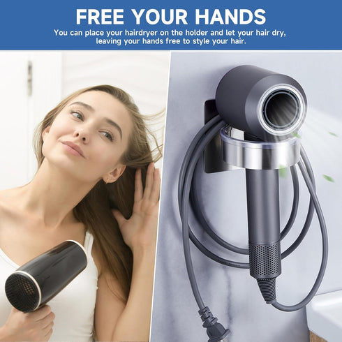 Wall Mounted Hair Dryer Holder, Stainless Steel Hair Tool Organizer, Adhesive Hairdryer Storage for Bathroom