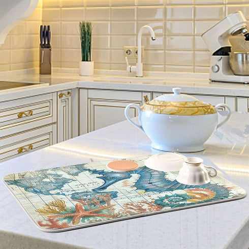 Nautical Ocean Seahorse Dish Drying Mat, 16x18 in Retro Map Microfiber, Absorbent Reversible Kitchen Accessories
