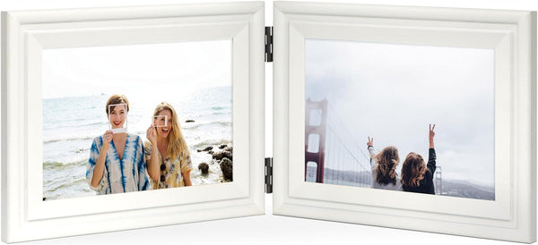 Double Horizontal White Wood Picture Frame 5x7 - 4.5x6.5 Opening Foldable Photo Frame for Landscape View