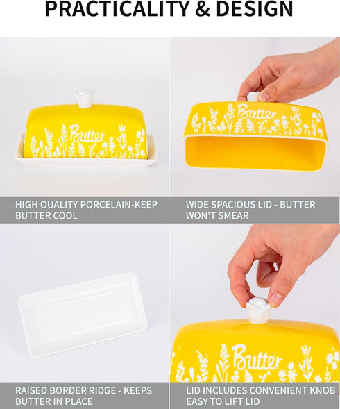 Countertop TEATALK Ceramic Butter Dish, Ideal for Use, Holds Standard Butter Sticks, Yellow