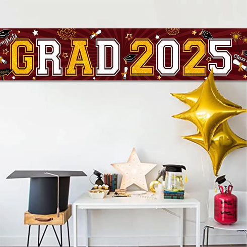 Congrats Grad 2025 Graduation Yard Sign, Giant Maroon Lawn Sign Decorations for Graduation Party Supplies