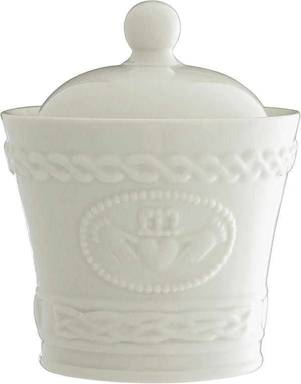 Belleek Claddagh Sugar Bowl with Lid, Handcrafted Fine Parian China, Celtic Pattern, 3.8" D, 4.8" H, White