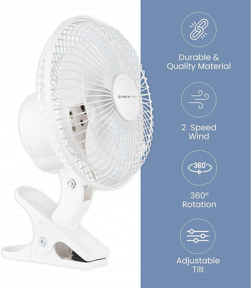 Air-Cooling 6-Inch Clip on Fan, 360° Rotation, Two Speed Portable Desk Fan with Strong Clamp Grip for Quiet Operation