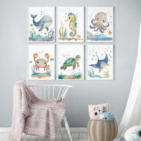Joocrise Set 6 8x10 Inch Nursery Sea Animal Wall Decor of Ocean Watercolor Canvas Wall Art Baby Boys Room Wall Art