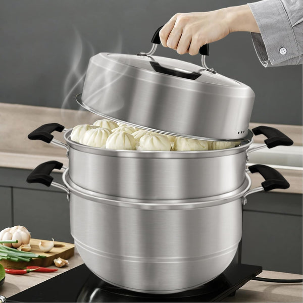 MANO Steamer Pot for Cooking, 11.8 Inch 2-Tier Stainless Steel Steaming Pot with Lid for Vegetables, Dumplings