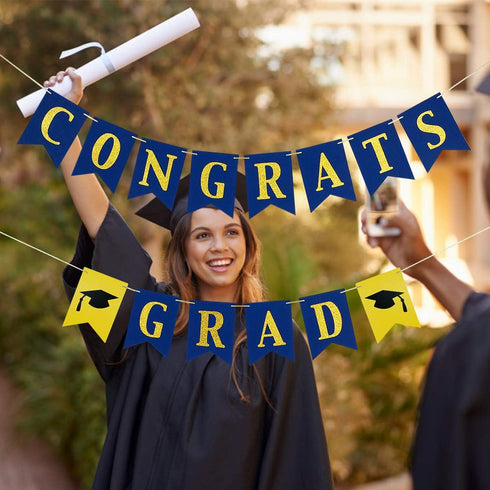 Congrats Grad Banner, Blue and Gold Glitter Congratulations Graduation Banner for College Graduation Party Decorations