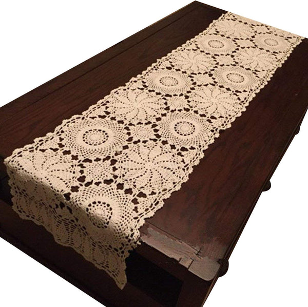 USTIDE Rustic Floral Table Runner, Hand Crochet Table Doily, Beige Cotton Lace Table Decoration, 15"X59"