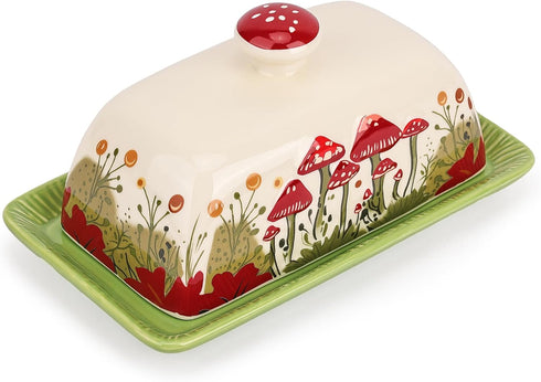 Ceramic Mushroom Butter Dish with Lid for Countertop, Large Covered Butter Tray (White & Red Mushroom)