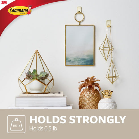 Command Small Metallic Hooks, Brass Color, 4 Hooks and 5 Command Strips, Damage-Free Wall Hooks, Holds up to 0.5 lb