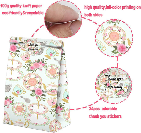 24 Pcs Tea Party Goodie Bags with Stickers - Tea Themed Birthday Party Favor Bags, Perfect for Kids' Supplies and Treat