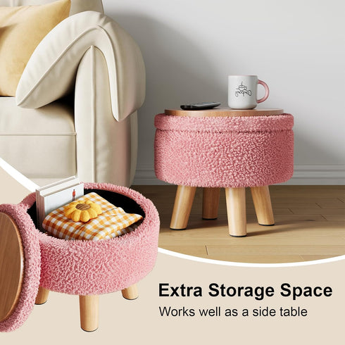 WBKATN Pink Storage Ottoman Foot Rest, Small Sherpa Ottoman with Storage, Cute Round Foot Stool, Modern Pouf Ottomans
