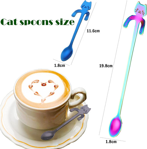 6 PCS Cat Spoon Coffee Tea spoon Set, ESRISE Stainless Steel Hanging Cup Teaspoons Demitasse Mini Long Cute Kitten Stirring Spoon for Dessert Drink Mixing Milkshake (Multi)