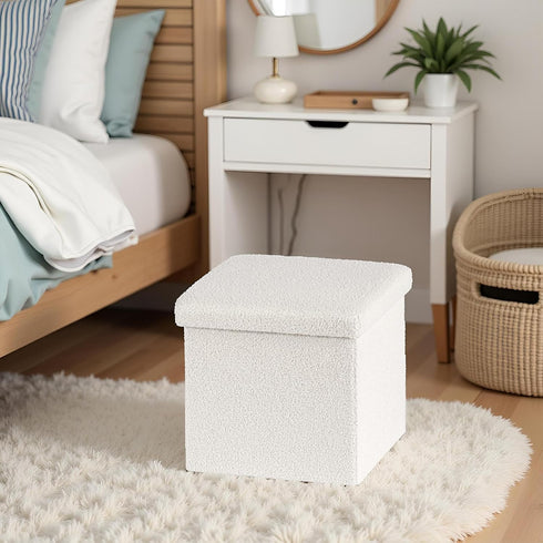 15 Inches Bedroom,15" 15" 15" Small Storage Ottoman - Square Ottoman with Sherpa Top,Storage Bench for L x W x H-White