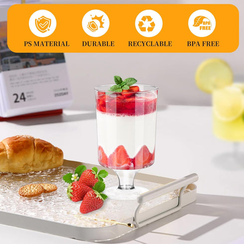 300 Packs 4oz 3 tchrules Dessert Cups with Spoons, Styles Mini Plastic Appetizer Cups, Clear Parfait Cup for Party