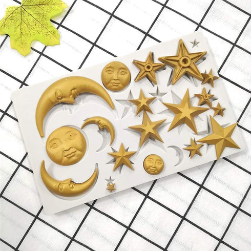 Moon Stars Sun Face Silicone Fondant Mold, Chocolate Candy Gumpaste Tool for Cake Decorating, Epoxy Resin DIY