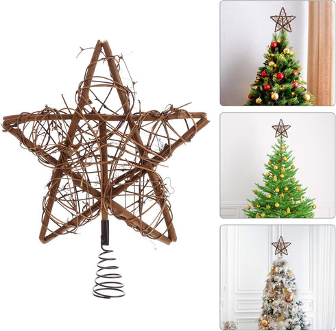 Rustic Christmas Tree Topper, Rattan Natural Star Hollowed-Out Star Ornaments with Coil Base for Holiday Decor