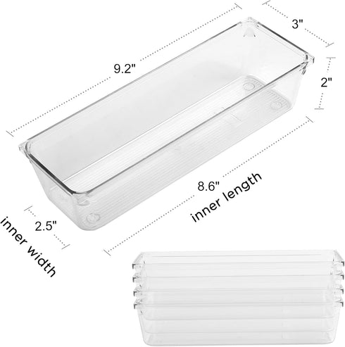 LotFancy Clear Drawer Organizers, 8 Pack, 9.2''×3''×2'' Plastic Storage Tray for Utensil, Cutlery in Kitchen, Bathroom, Cabinet Drawer, Desk, Makeup Storage Bin Divider by LotFancy
