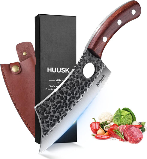 Huusk Japan Viking Knife with Sheath, Hand Forged Meat Cleaver, Full Tang Boning Knife for Outdoor Cooking
