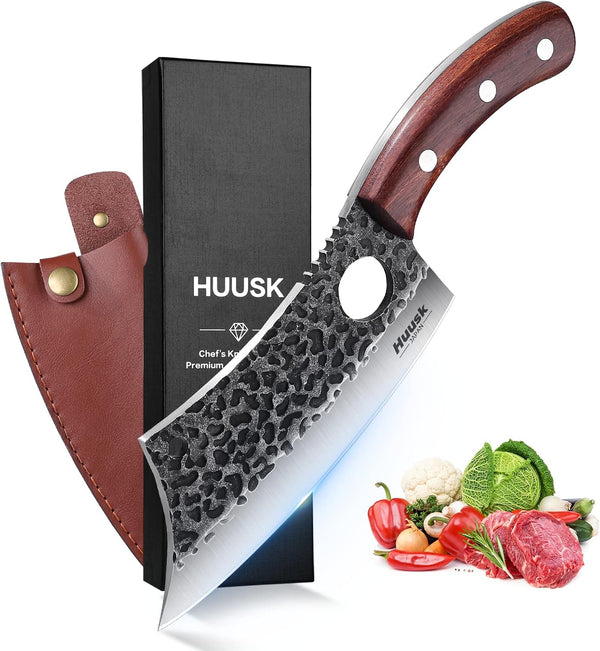 Huusk Japan Viking Knife with Sheath, Hand Forged Meat Cleaver, Full Tang Boning Knife for Outdoor Cooking