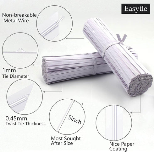 White Paper Twist Ties 100 Pcs - 5" Reusable Twisty Ties for Bags, Candy, Bread, Coffee Bags, Cake Pops