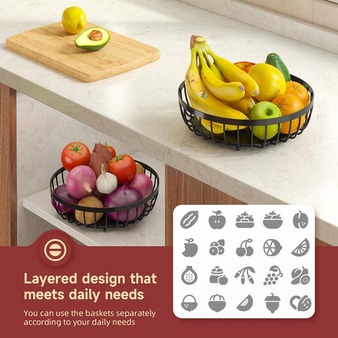 2 Counter 2 Counter Sevenblue Tier Large Fruit Basket for Kitchen with Banana Hangers, Metal Stackable Fruit Bowl