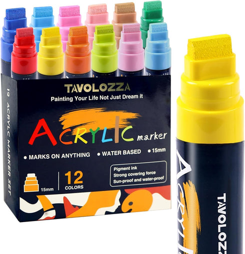 12 Vibrant Colors Jumbo Acrylic Paint Markers, 15MM Graffiti Markers, Waterproof Jumbo