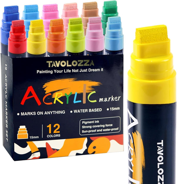 12 Vibrant Colors Jumbo Acrylic Paint Markers, 15MM Graffiti Markers, Waterproof Jumbo