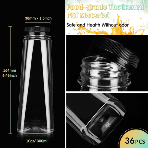 36 Milk(10 oz,Black) Lallisa Pcs Plastic Juice Bottles Bulk with Caps Leakproof Reusable Juice Bottles Empty Clear