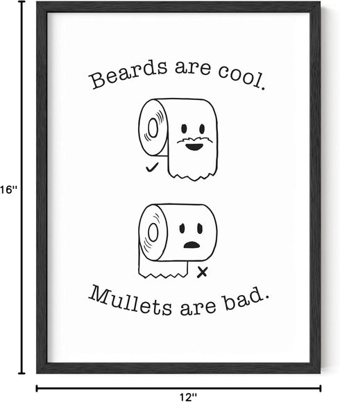 HAUS AND HUES Funny Bathroom Decor & Prints, Bathroom Humor Wall Decor, 12" x 16" UNFRAMED (Beard/Mullet)