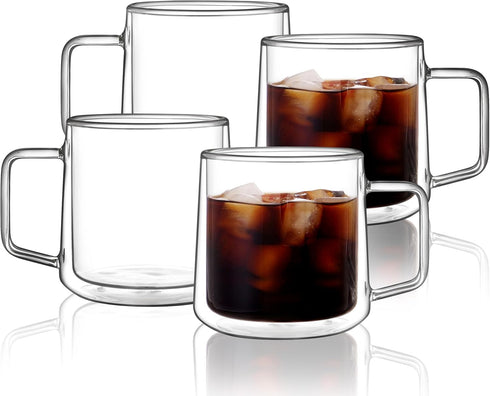CNGLASS 15oz(4-pack) Double Walled Glass Coffee Mugs,Large Insulated Glass Mugs with Handle,Clear