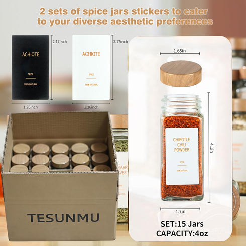 TESUNMU Label4oz (24) Spice Jars with Seasoning Containers, Glass Spice Bottles with Shaker Lids,Funnel, Chalk Pen
