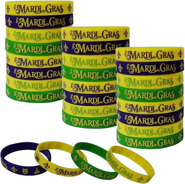 48 Pack Mardi Gras Party Favors, Rubber Bracelets, Carnival Birthday Party Supplies, Goodie Bag Stuffers