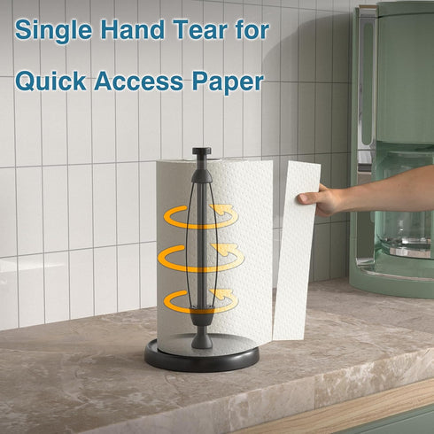 Black Paper Towel Holder Countertop, One-Handed Tear Stand with Ratchet Mechanism, Stainless Steel Weighted Base