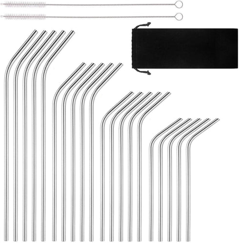 Reusable Stainless Steel Drinking Straws, 20 Pcs, 4 Sizes - 6.3'' 7.1'' 8.5'' 10.5'', BPA Free with 2 Brushes and Carry