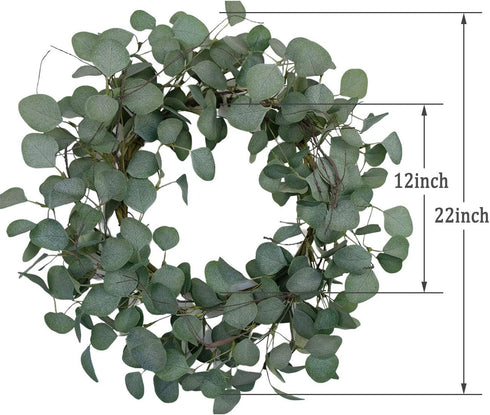 idyllic Eucalyptus Leaves Wreath, 22 Inches Round Green Metal Polyester Fabric Paper for Front Door Decor