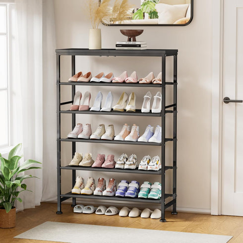 6 Mavivegue Tier Shoe Rack Organizer, Metal Organizer Shelf with with MDF Top Panel and Layer Fabric, Shoe Rack