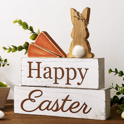 Easter Decorations: 5PCs Happy Rustic Easter Wooden Bunny Carrot Table Signs, Cute
